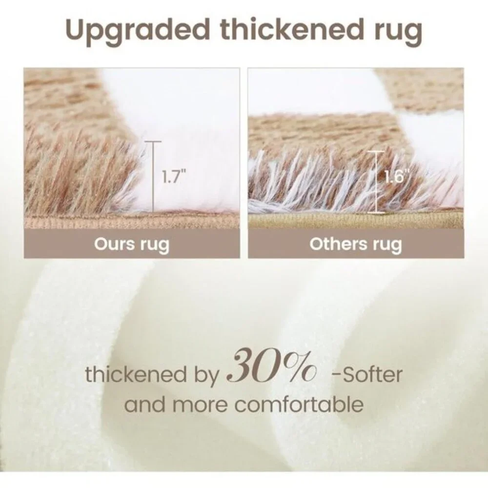 New 5x7 Beige White Checkered Rug, Soft Shaggy High Pile Carpet for Any Room